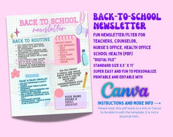 May include: A pink and white "Back to School" newsletter template with a checklist, reminders, and a fun fact about pencils. Includes the text "Back to School Newsletter" and "Canva". The digital file is 8.5 x 11 inches.
