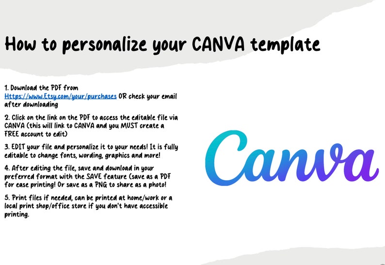 May include: A step-by-step guide on how to personalize a Canva template. The text includes instructions on downloading the PDF, accessing the editable file, editing the file, saving and downloading the file, and printing the file. The image also includes the Canva logo.