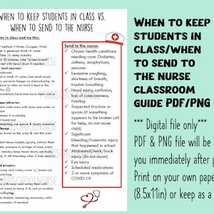 When to keep students in class vs when to send to the nurse classroom guide PDF & PNG file (non-editable)