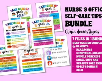 May include: A pink and white printable bundle of 7 self-care tips for common ailments, such as headaches, menstrual cramps, muscle soreness, small cuts and scrapes, sore throat, upset stomach, and cold. The bundle includes colorful flyers with cartoon illustrations and text that says "Nurse's Office Self-Care Tips Bundle" and "Clinic décor/flyers".