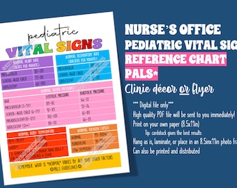 Peut inclure: Un tableau de référence imprimable pour les signes vitaux pédiatriques, avec un schéma de couleurs rose, bleu et jaune. Le tableau comprend la fréquence cardiaque normale, la fréquence respiratoire, la pression artérielle et la saturation en oxygène pour différents groupes d'âge. Le tableau est intitulé "Cabinet infirmier Signes vitaux pédiatriques Tableau de référence PALS* Décoration de clinique ou dépliant".