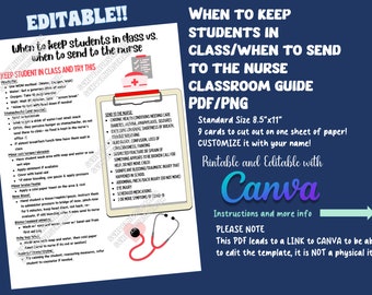 Peut inclure: Guide de classe imprimable avec un fond bleu et une bordure blanche. Le guide est intitulé "Quand garder les élèves en classe/Quand envoyer à l'infirmière Guide de classe PDF/PNG". Le guide comprend une liste de raisons pour garder un élève en classe et une liste de raisons pour envoyer un élève à l'infirmière. Le guide est également modifiable avec Canva.