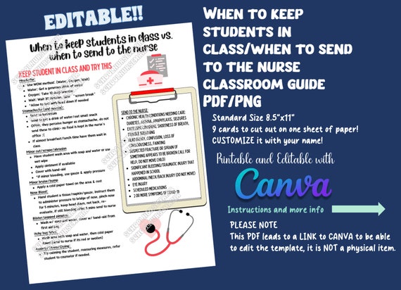 Editable - When to keep students in class vs when to send to the nurse - classroom handout guide for teachers - Canva Link PDF
