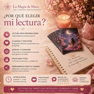 May include: A promotional image for tarot readings. The image features a stack of tarot cards with a woman in a pink dress under a crescent moon. Text includes "La Magia de Maca" and "Why choose my reading?" with details about personalized readings.