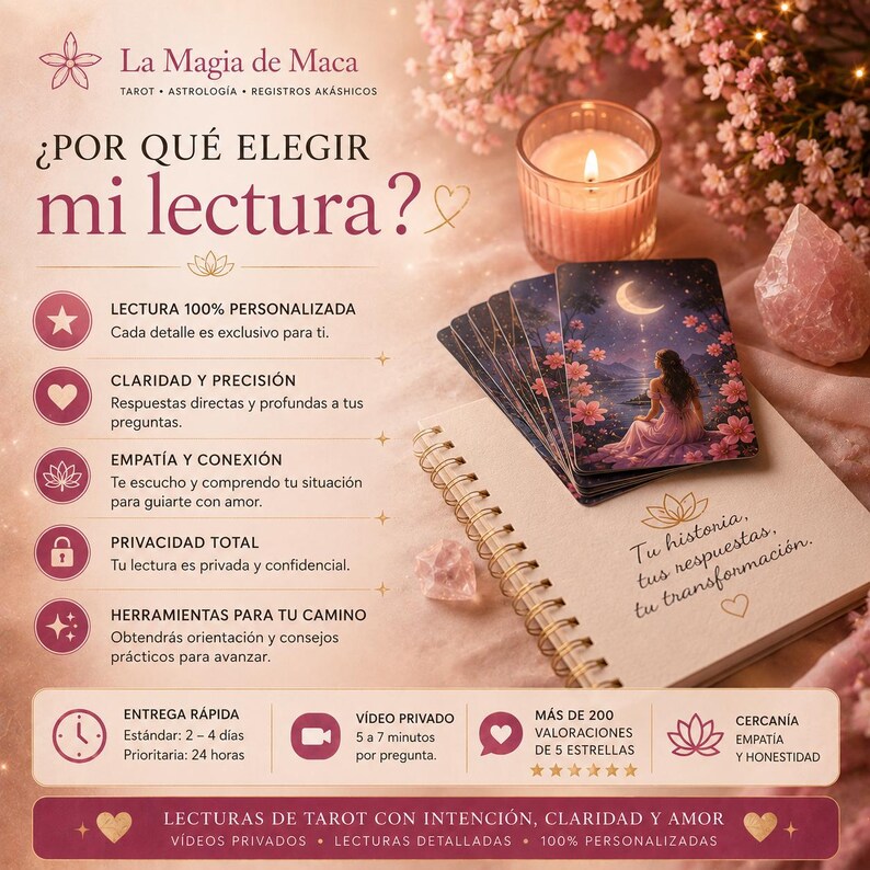 May include: A promotional image for tarot readings. The image features a stack of tarot cards with a woman in a pink dress under a crescent moon. Text includes "La Magia de Maca" and "Why choose my reading?" with details about personalized readings.