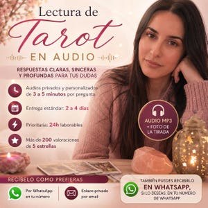 Può includere: Annuncio pubblicitario per un servizio di lettura dei Tarocchi. L'immagine presenta una donna e testo in spagnolo, tra cui "Tarot in Audio", e dettagli sul servizio, come letture audio, tempi di consegna e informazioni di contatto WhatsApp.