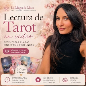 May include: Promotional image for a tarot reading service. The image features a woman with long dark hair, a black top, and a floral background. Text includes "Lectura de Tarot en video" and "Respuestas claras, sinceras y profundas."