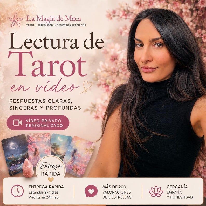 May include: Promotional image for a tarot reading service. The image features a woman with long dark hair, a black top, and a floral background. Text includes "Lectura de Tarot en video" and "Respuestas claras, sinceras y profundas."