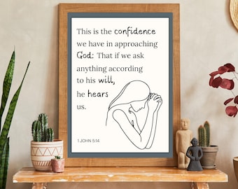 Praying Woman Wall Art | 1 John 5:14 Scripture Print | Minimalist Christian Decor (Digital Download)