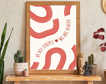 Isaiah 53:5 Scripture Print | Beige Red Christian Wall Art (Digital Download)