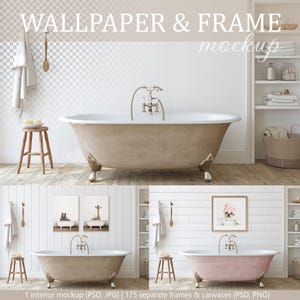 May include: A mockup of a bathroom interior with a clawfoot bathtub, a wooden stool, and a framed print. The bathroom has white walls and a checkered wallpaper pattern. The text "WALLPAPER & FRAME mockup" is at the top of the image.