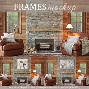 May include: A rustic living room interior mockup featuring a stone fireplace with a wood mantle, two leather armchairs, and a variety of framed artwork. The text "FRAMES mockup" is displayed at the top of the image. The text "1 interior mockup (PSD, JPG) | 230 separate frames & canvases (PSD, PNG)" is displayed at the bottom of the image.