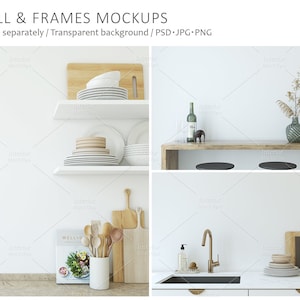 May include: A white wall with three shelves, a wooden countertop, and a kitchen sink. The shelves are filled with white plates, wooden cutting boards, and kitchen utensils. The countertop has a cookbook, a vase with wooden spoons, and a bottle of wine. The sink has a faucet and a soap dispenser.