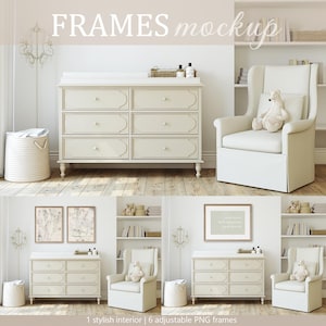 May include: A white dresser with six drawers, a white armchair with a wingback design, and two white framed pictures with botanical prints. The dresser and armchair are in a nursery setting with a white rug and a wooden floor.