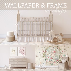 May include: Three interior design mockups featuring a white cot, a dresser with two framed prints, and a white armchair with a floral wallpaper. The prints feature the text "You are magic" and a pink peony flower. The wallpaper features a whimsical floral design with a clock, a rabbit, and a girl with a crown of flowers.