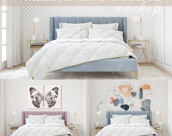 Könnte beinhalten: Drei Schlafzimmer-Mockups mit einem blauen, rosafarbenen und blauen Kopfteil mit weißer Bettwäsche. Die Wände zeigen ein kariertes Muster, einen Schmetterlingsdruck und ein abstraktes Aquarelldesign. Der Text "WALLPAPER & FRAME mockup" befindet sich oben im Bild. Der Text "1 interior mockups (PSD, JPG) | 230 separate frames & canvases (PSD, PNG)" befindet sich unten im Bild.