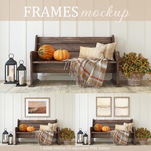 May include: A rustic wooden bench with a plaid blanket, two pumpkins, and two black lanterns. Two framed pictures are hanging on the wall above the bench. The bench is in front of a white paneled wall.