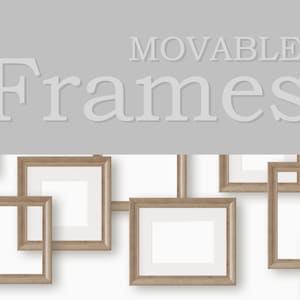 May include: A collection of square wooden frames with white matting, arranged on a white background. The word "MOVABLE Frames" is displayed in a light gray font above the frames.