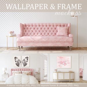 May include: Four interior design mockups featuring a pink tufted sofa, a bedroom with a pink tufted headboard and a white duvet, a living room with a pink and white abstract painting above a white dresser, and a living room with a white dresser and a pink armchair.  The mockups are ideal for showcasing artwork, wallpaper, and other home decor items.