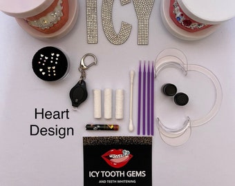 Tooth Gem Kit (Heart) Dental adhesive, 6 pcs, Instructions, UV LED Lite, Microfiber brush, Wax gem picker, Colorful Gems, gifts for a bride