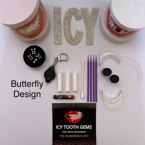 Custom Tooth Gem Kit Design (Butterfly), Dental adhesive, 6 pcs, Instructions, UV LED, Microfiber brushes, Cotton rolls, Gift for a bride