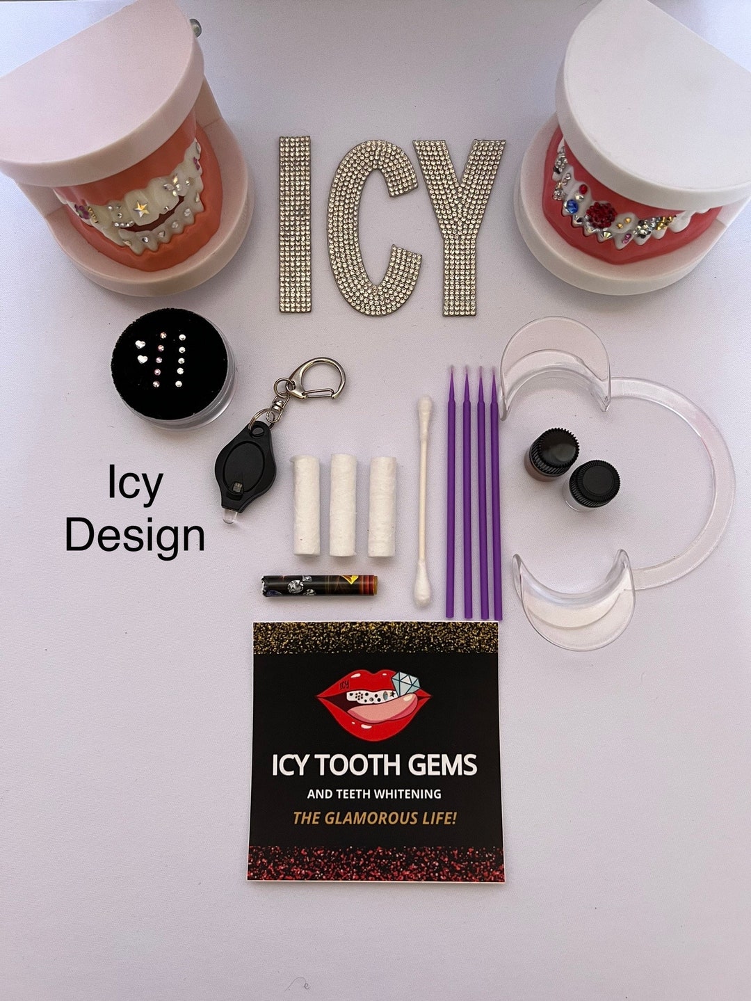 DIY Tooth Gem Kit icy, Dental Adhesive, Instructions, 10 Pcs, UV LED Lite,  Microfiber Brush, Cotton Roll, Wax Gem Picker, Gift for a Bride 