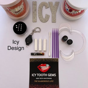 DIY Tooth Gem Kit (Icy), Dental adhesive, Instructions, 10 pcs, UV LED Lite, Microfiber brush, Cotton Roll, Wax gem picker, gift for a bride