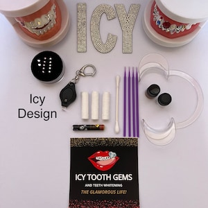 DIY Tooth Gem Kit (Icy), Dental adhesive, Instructions, 10 pcs, UV LED Lite, Microfiber brush, Cotton Roll, Wax gem picker, gift for a bride