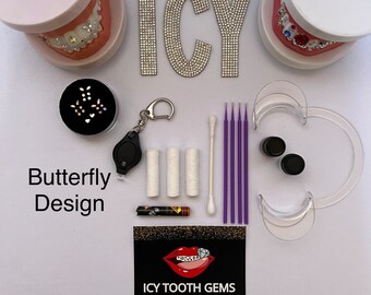 Tooth Gem Kit (Butterfly), 6 pcs, Dental adhesive, Instructions, UV LED, Colorful Gems, Microfiber brush, Cotton Rolls, Gift for a bride