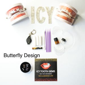 Tooth Gem Kit (Butterfly), 6 pcs, Dental adhesive, Instructions, UV LED, Colorful Gems, Microfiber brush, Cotton Rolls, Unisex gift