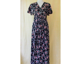 Vintage 1960s/1970s Black Floral Vase Print Maxi Dress with Short Flutter Sleeves