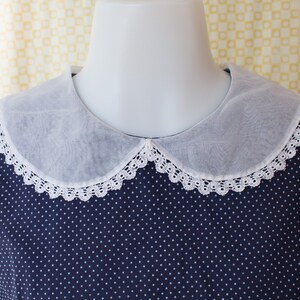 1950s Drop Waist Navy Polka Dot Dress with Sheer Lace Trimmed Collar and Sleeves image 4