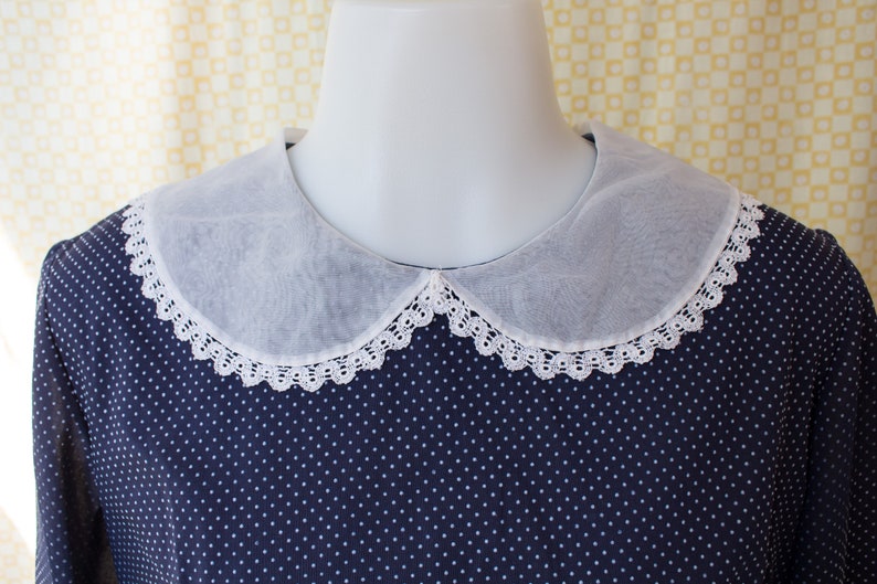1950s Drop Waist Navy Polka Dot Dress with Sheer Lace Trimmed Collar and Sleeves image 4