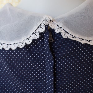 1950s Drop Waist Navy Polka Dot Dress with Sheer Lace Trimmed Collar and Sleeves image 7