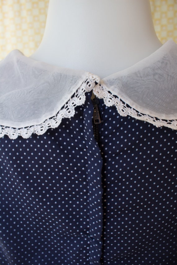 1950s Drop Waist Navy Polka Dot Dress with Sheer … - image 7