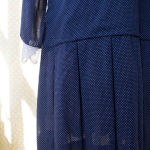 1950s Drop Waist Navy Polka Dot Dress with Sheer Lace Trimmed Collar and Sleeves image 6