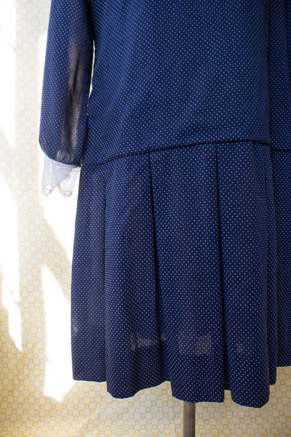 1950s Drop Waist Navy Polka Dot Dress with Sheer … - image 6