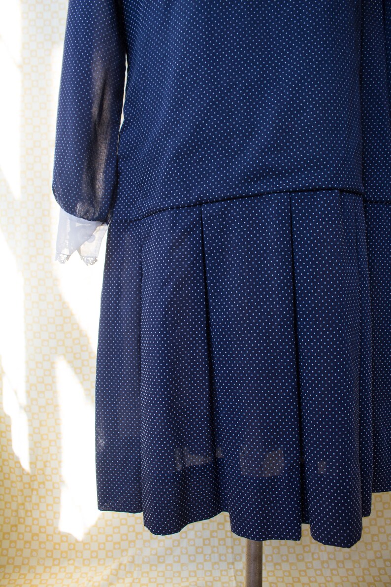 1950s Drop Waist Navy Polka Dot Dress with Sheer Lace Trimmed Collar and Sleeves image 6