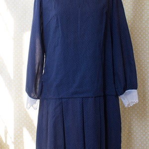 1950s Drop Waist Navy Polka Dot Dress with Sheer Lace Trimmed Collar and Sleeves image 2