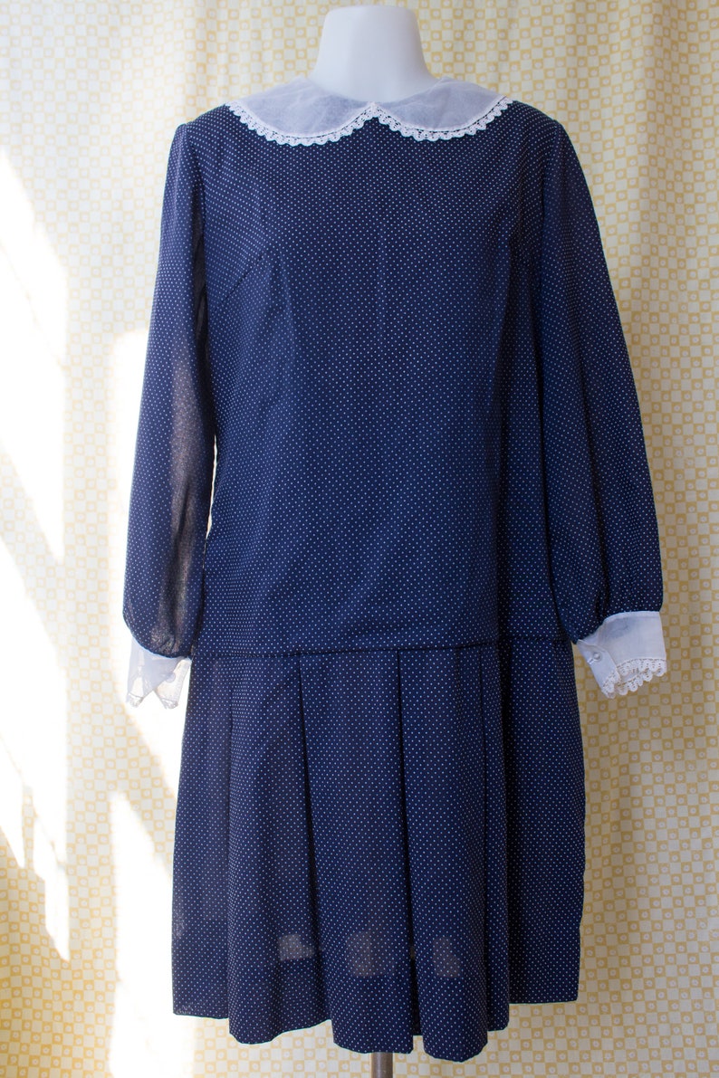 1950s Drop Waist Navy Polka Dot Dress with Sheer Lace Trimmed Collar and Sleeves image 2