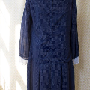 1950s Drop Waist Navy Polka Dot Dress with Sheer Lace Trimmed Collar and Sleeves image 3