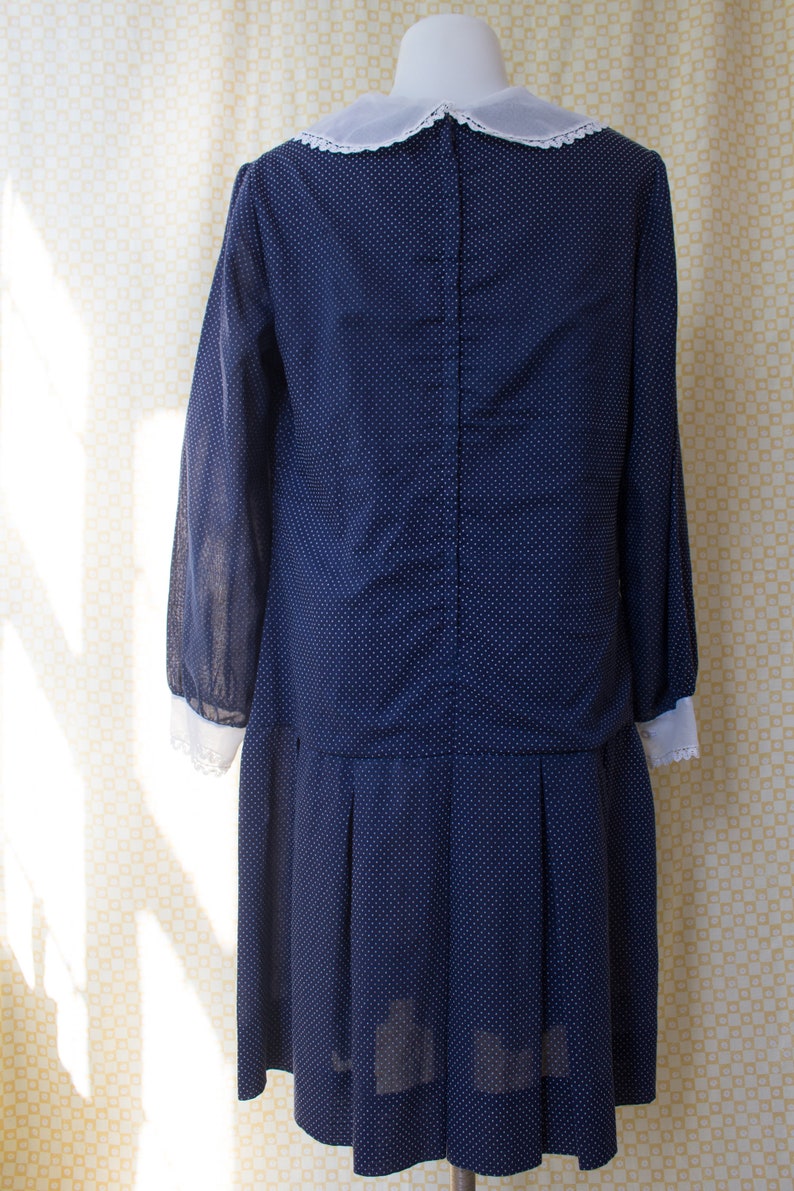 1950s Drop Waist Navy Polka Dot Dress with Sheer Lace Trimmed Collar and Sleeves image 3