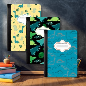 May include: Three composition books featuring dinosaur patterns. One is yellow with green dinosaurs, one is black with green and teal dinosaurs, and one is blue with dark blue dinosaur outlines. Each has a white label with the text COMPOSITION BOOK.