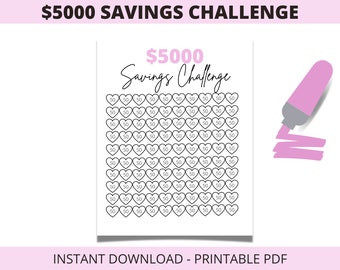 May include: A printable savings challenge sheet with a $5000 goal. The design features a grid of heart shapes, each marked with "50". The title "$5000 Savings Challenge" is at the top. A pink highlighter graphic is on the right.