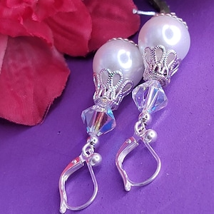 Handmade Sterling Silver and White Pearl Bridal Earrings with Genuine Swarovski Crystal bicones on 925 Lever backs