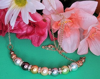 Handmade Fall color Pearls and Rose Gold Necklace 24 Inches with Rondelle crystals, Weddings, Thanksgiving, Mother of the Bride