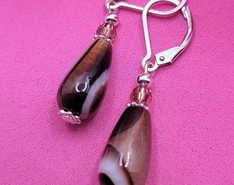 Handmade Natural Agate Stone and Swarovski crystals and 925 silver bead Minimalistic Earrings on Sterling Silver lever backs