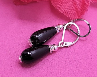 Handmade Natural Agate Teardrop Stone and Sterling Silver Minimalistic Earrings with Swarovski crystal rondels and 925 lever backs