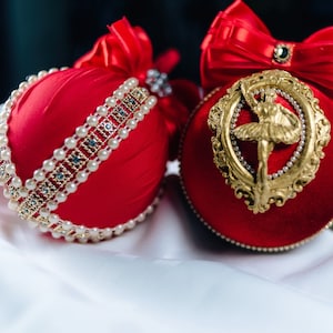 Handmade Jeweled Rhinestone Christmas Tree Ornaments, Silk Velvet Ornaments, Holiday Tree Decoration, Red Vintage Gold Trim Ball, Each