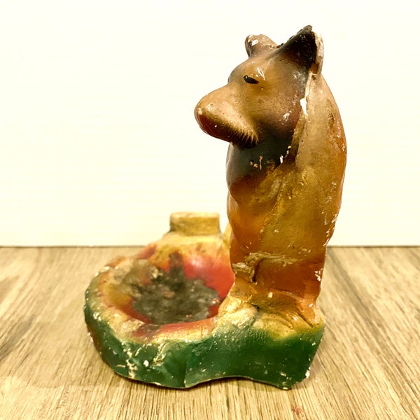 Mid-Century Dog Chalkware (Chow/Husky) Ashtray - Statue Carnival Prize.